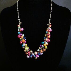 Vintage Y2K Multi-Color Pearl Cluster Bib Necklace 925 Sterling Silver